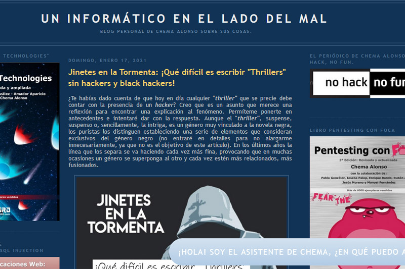 Blog de Chema Alonso (colaboración): «Qué difícil es escribir Thrillers sin hackers ni black hackers»